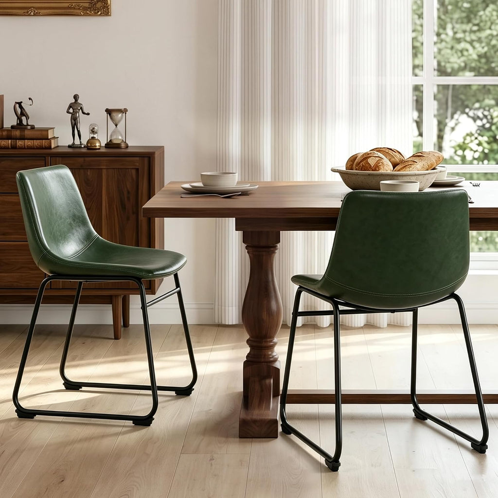 LSSBOUGHT Dining Chairs, Mid-Century Modern Dining Room Chair Kitchen Chairs, PU Leather Farmhouse Upholstered Dinner Chair for Kitchen Dining Room (Green, 2PCS)