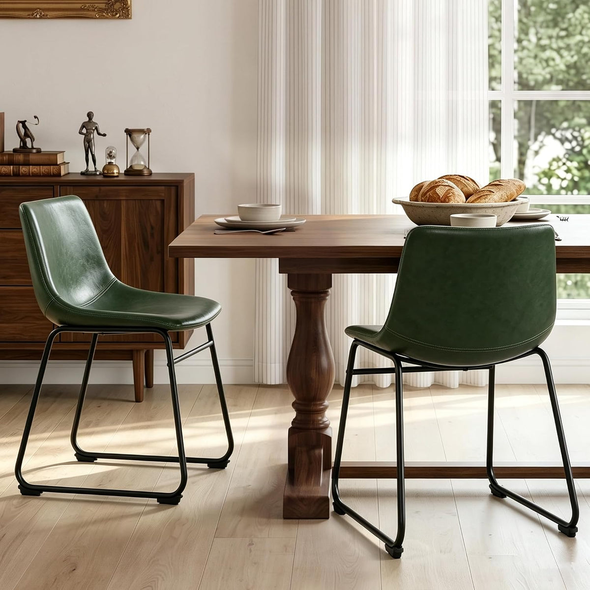 LSSBOUGHT Dining Chairs, Mid-Century Modern Dining Room Chair Kitchen Chairs, PU Leather Farmhouse Upholstered Dinner Chair for Kitchen Dining Room (Green, 2PCS)