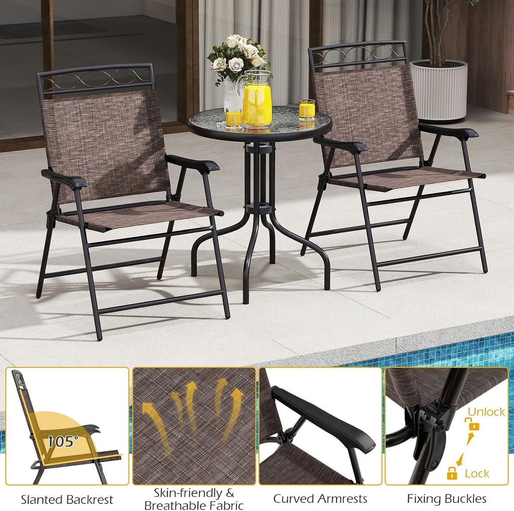 Goplus Bistro Table and Chairs Set of 2, Outdoor 3 Piece Patio Bistro Set with 1.57” Umbrella Hole, Tempered Glass Tabletop, 2 Folding Chairs, Small Patio Furniture Dining Set for Garden, Balcony