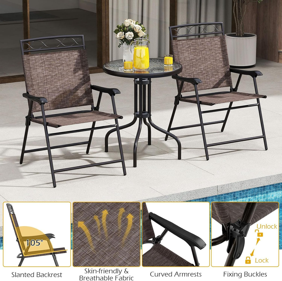 Goplus Bistro Table and Chairs Set of 2, Outdoor 3 Piece Patio Bistro Set with 1.57” Umbrella Hole, Tempered Glass Tabletop, 2 Folding Chairs, Small Patio Furniture Dining Set for Garden, Balcony