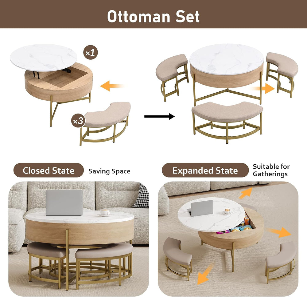 31.5" Modern Round Lift-Top Coffee Table with Storage & 3 Ottoman,Wh...