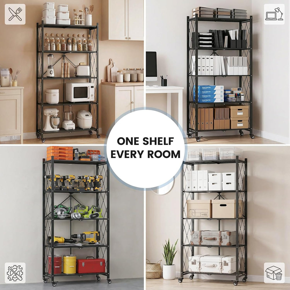 ALANNG 70.7" H Metal Storage Shelves, 5 Tier Folding Shelf on Wheels