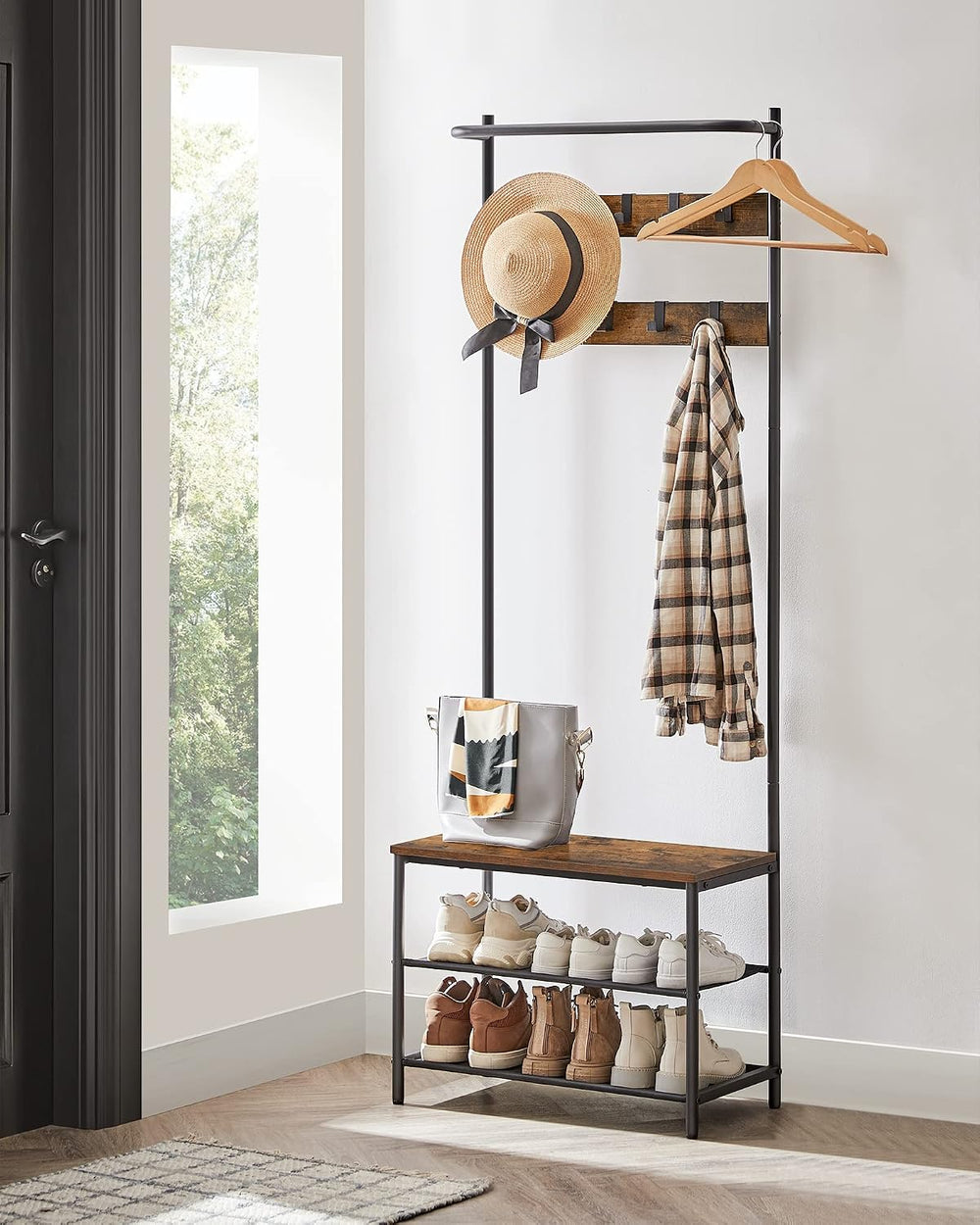 VASAGLE Hall Tree with Bench and Shoe Storage, 9 Movable Hooks, Top Bar