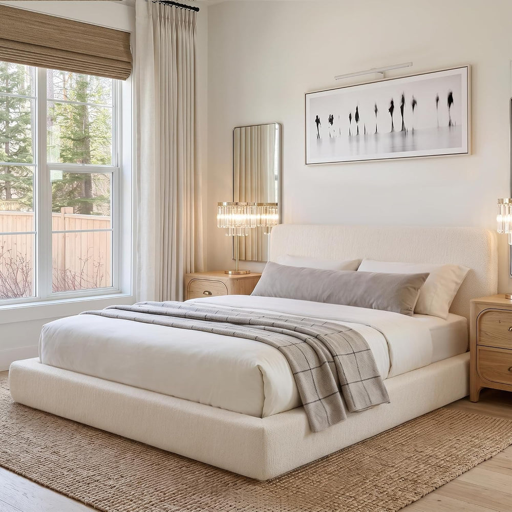 King Upholstered Bed Frame, King Size Cloud Bed Frame, White Platform Bed