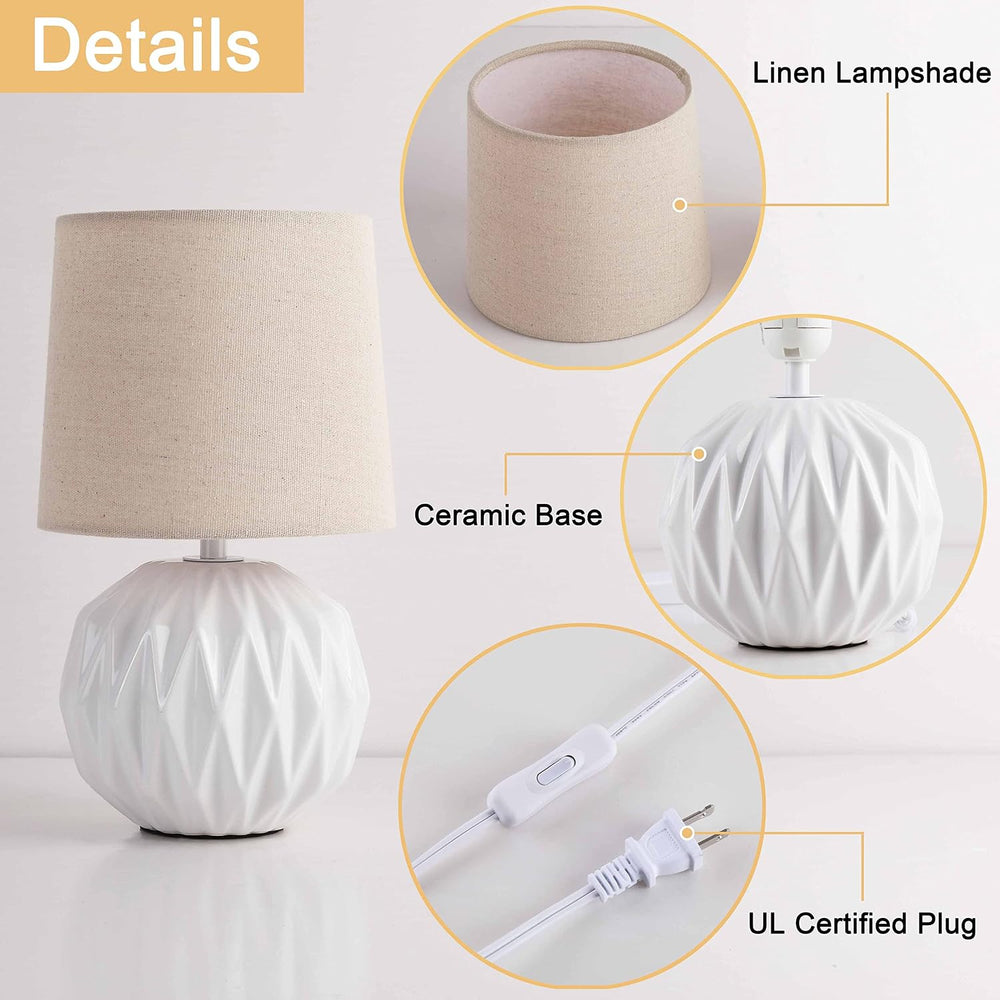 White Ceramic Table Lamp, Geometric Textured Small Bedside Lamp with Linen Sh...