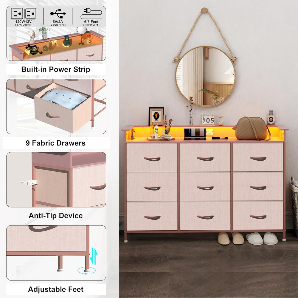 EXOTICA Pink Dresser with LED Light for Girls Bedroom 9 Drawer Dressers with ...
