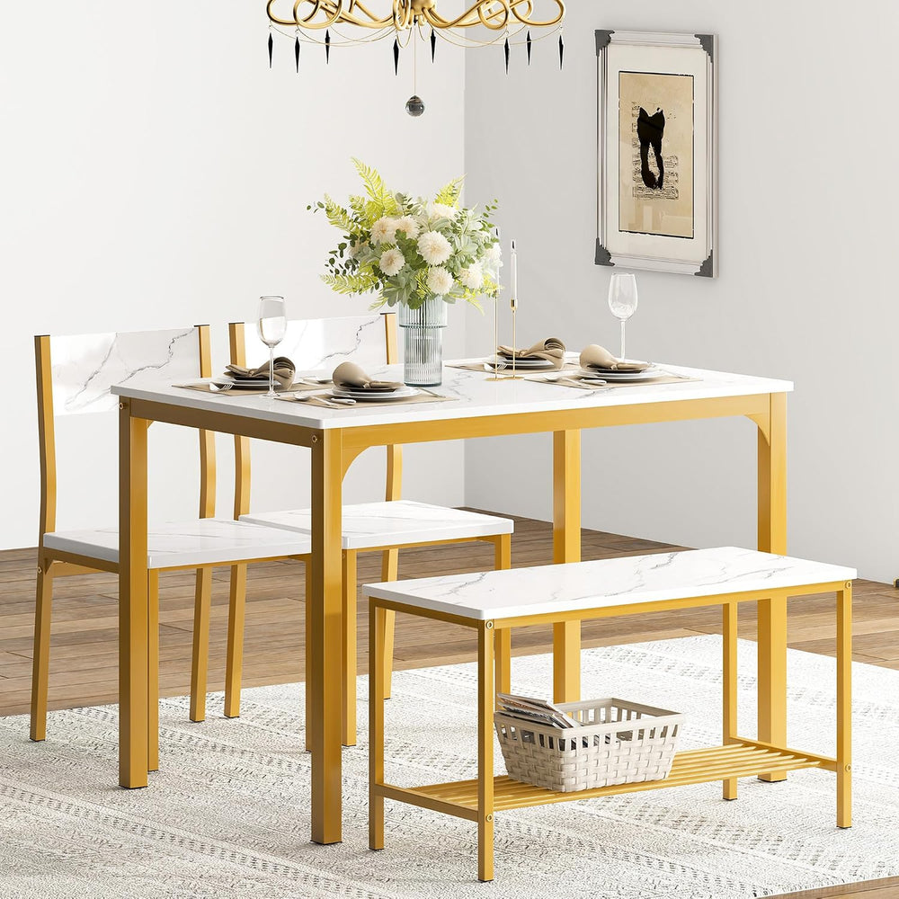 soges Kitchen Table Set for 4, Nesting Table with 2 Chairs & Bench, Marble
