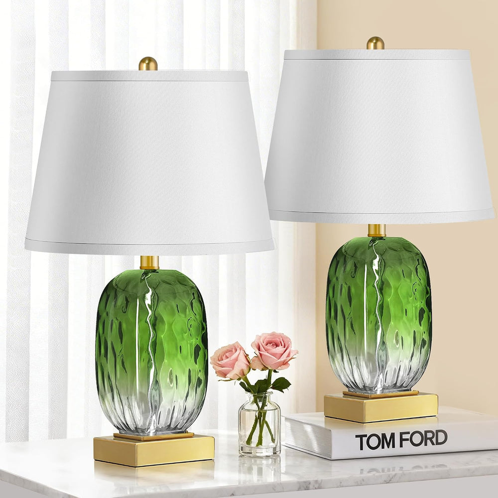 Green Glass Table Lamp Set of 2 Touch Control, 2 USB Ports, Dimmable