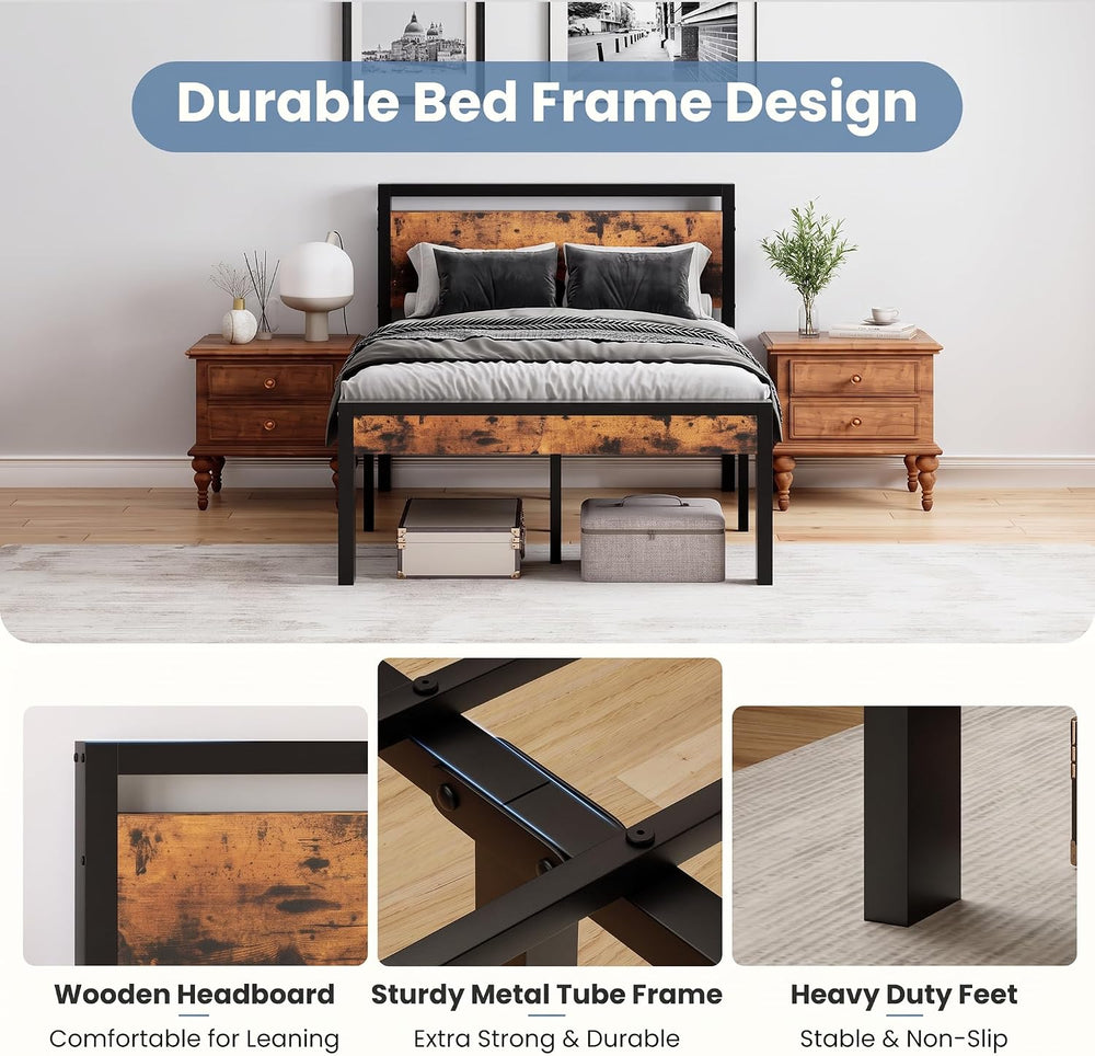 Sweetcrispy Queen 14 Inch Bed Frame with Wood Headboard, Rustic Brown