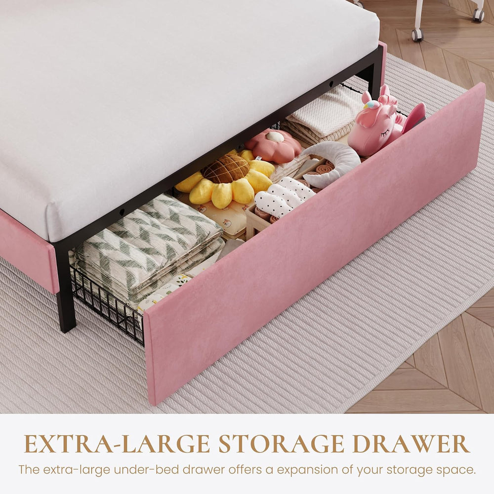 SHA CERLIN Queen Size Bed Frame with LED Lights and Storage Drawer, Pink