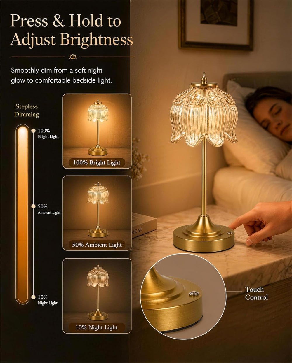 Lotus Flower Cordless Rechargeable Table Lamp, 3 Color Modes, Touch Control