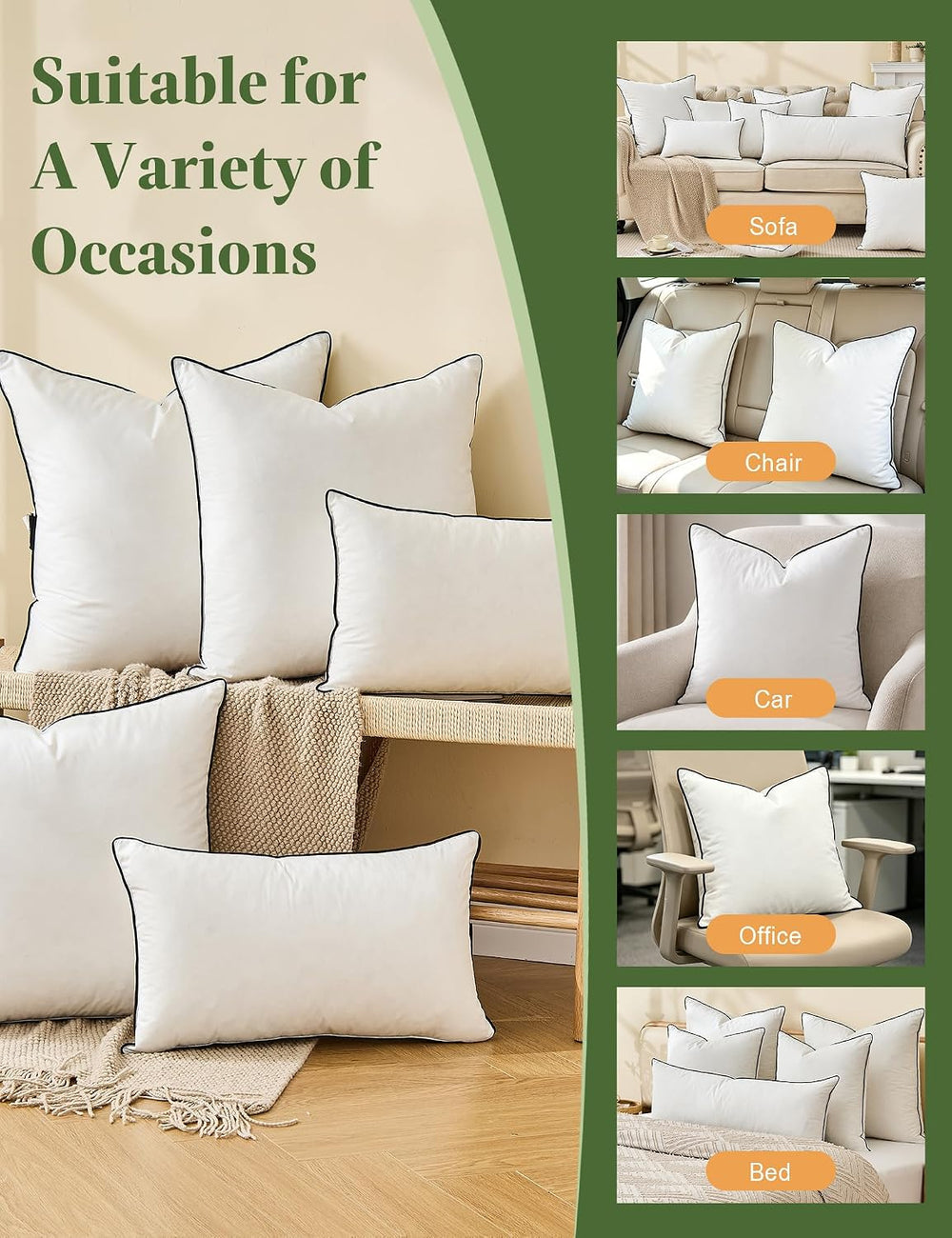 TOPGREEN Organic Feathers Down Pillow Insert 18x18, Pack of 2