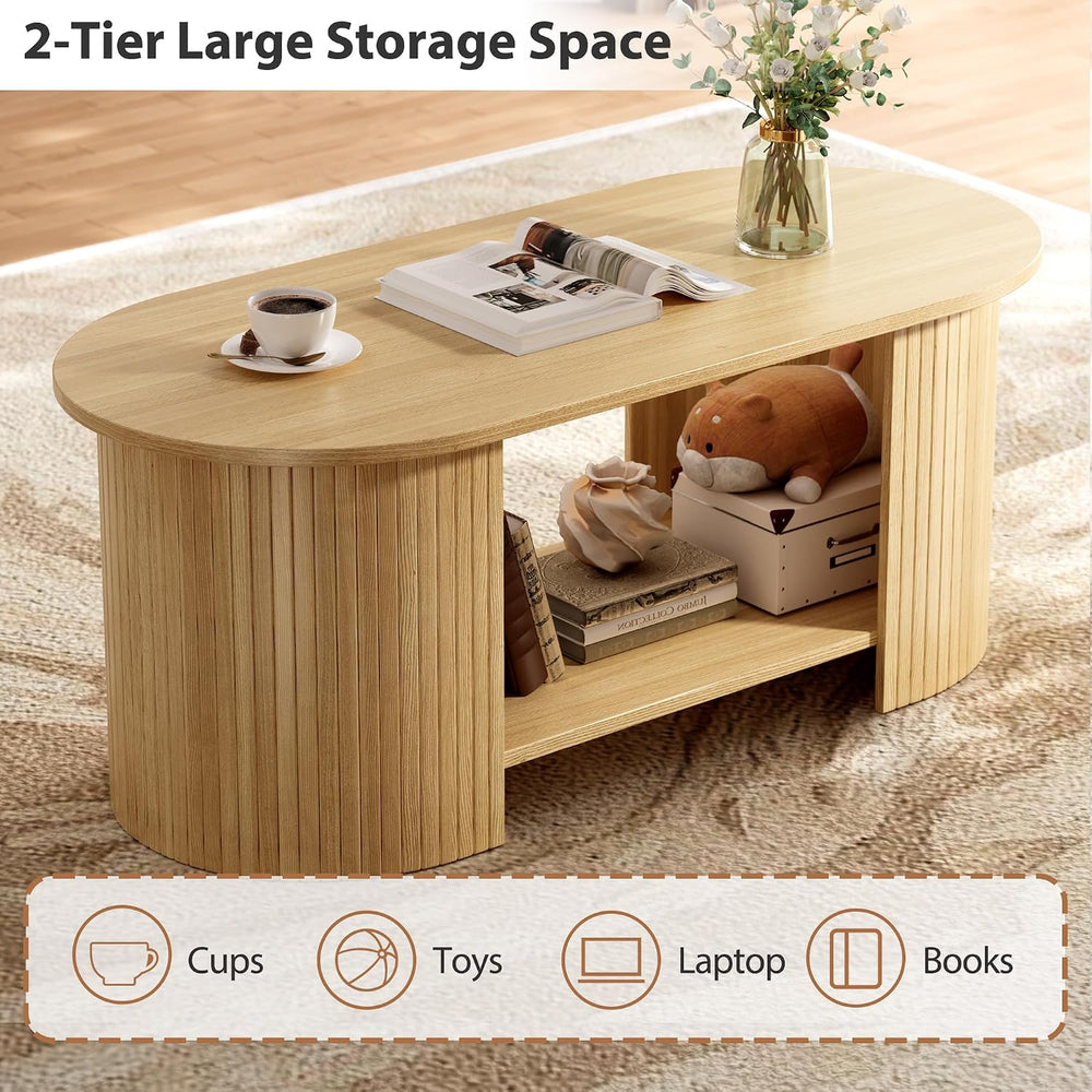 42" Oval Fluted Coffee Table, 2-Tier Center Table with Large Storage, Mi...