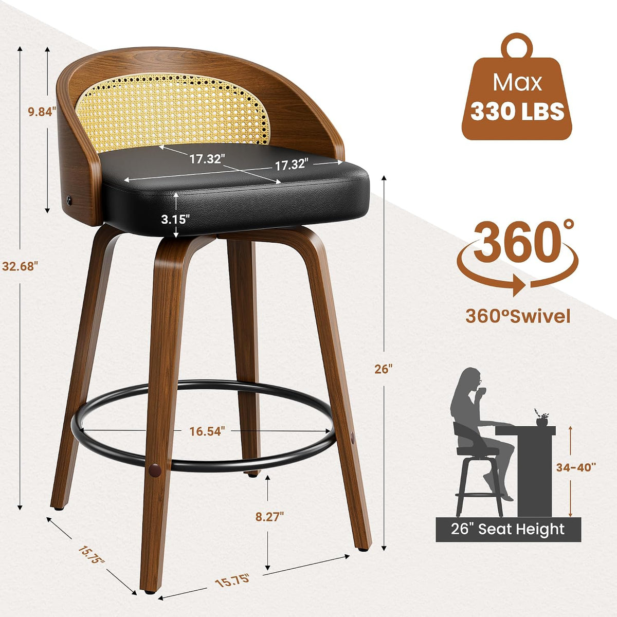 YaFiti Bar Stools Set of 2, 26" Counter Height Stools with Rattan Back