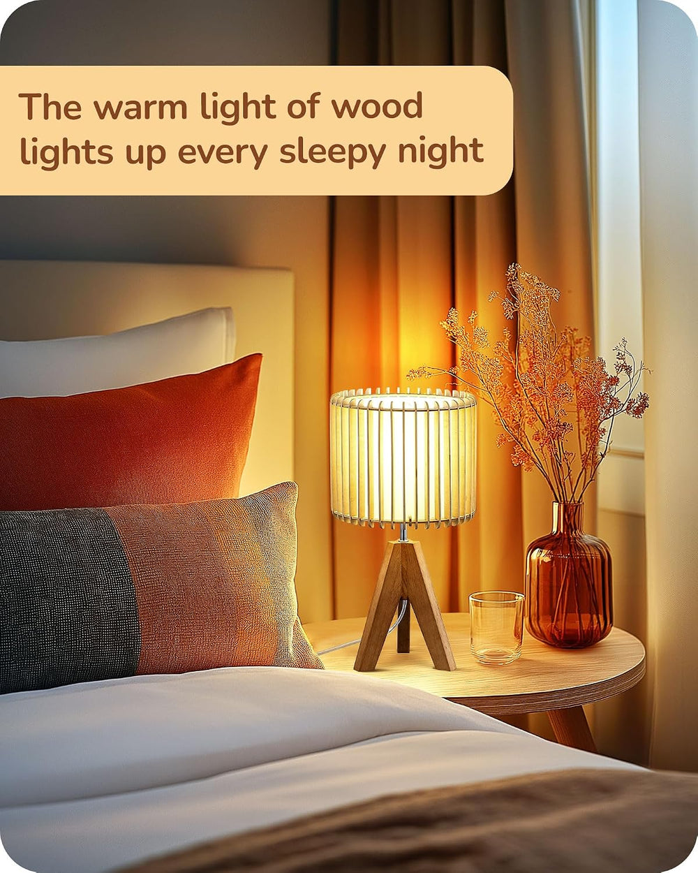 EDISHINE 14.17" Small Table Lamp, Wood-Colored Hollow Shade, E26 Base