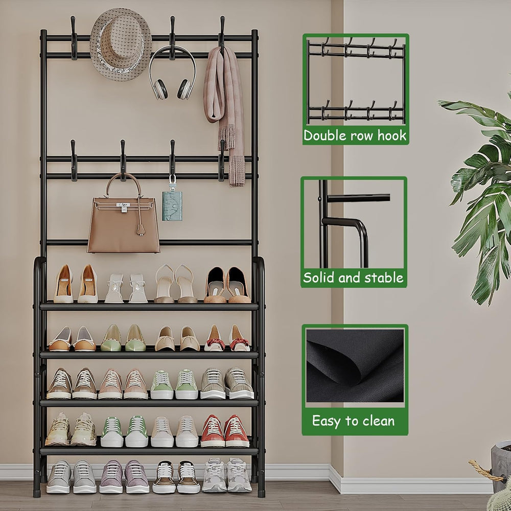 Coat Rack Shoe Rack With Storage Hooks Standing Organizer 4 Tier