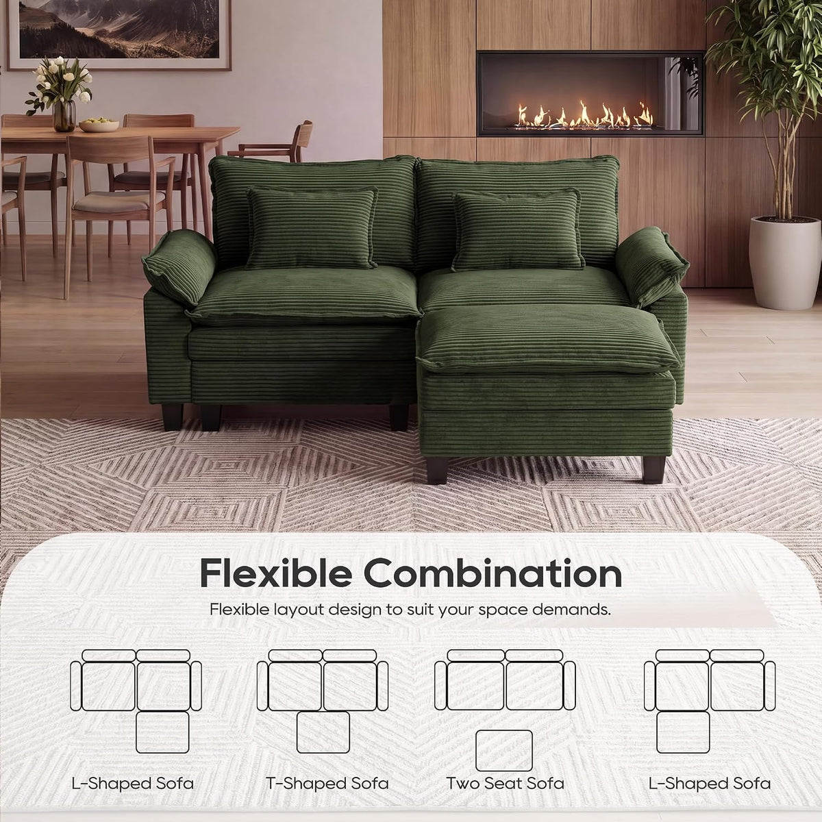 URRED Oversized Modular Sectional Sofa，Solid Green：87" L Shaped