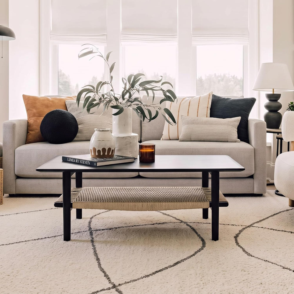 2-Tier Rattan Coffee Table, 47" Rectangle Wood Center Table, Black