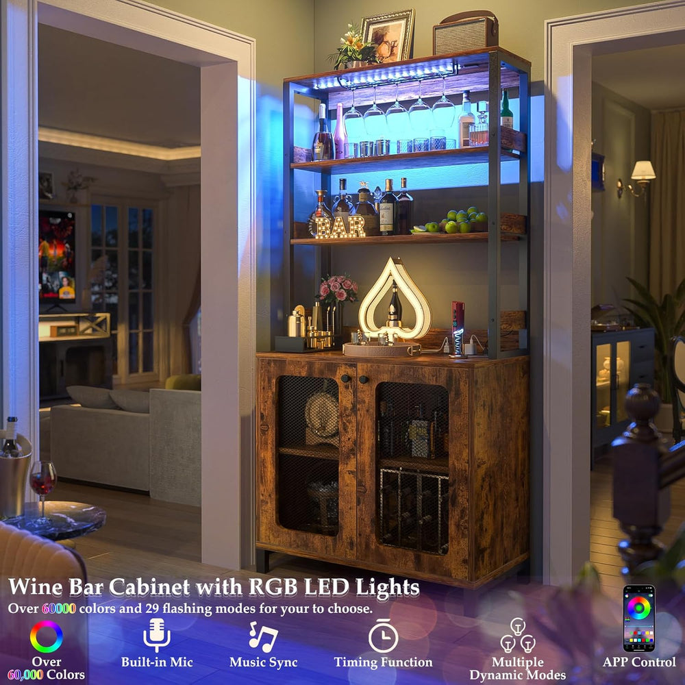 Aheaplus Bar Cabinet with Power Outlets, LED Lights, 67" Tall Wine Cabinet