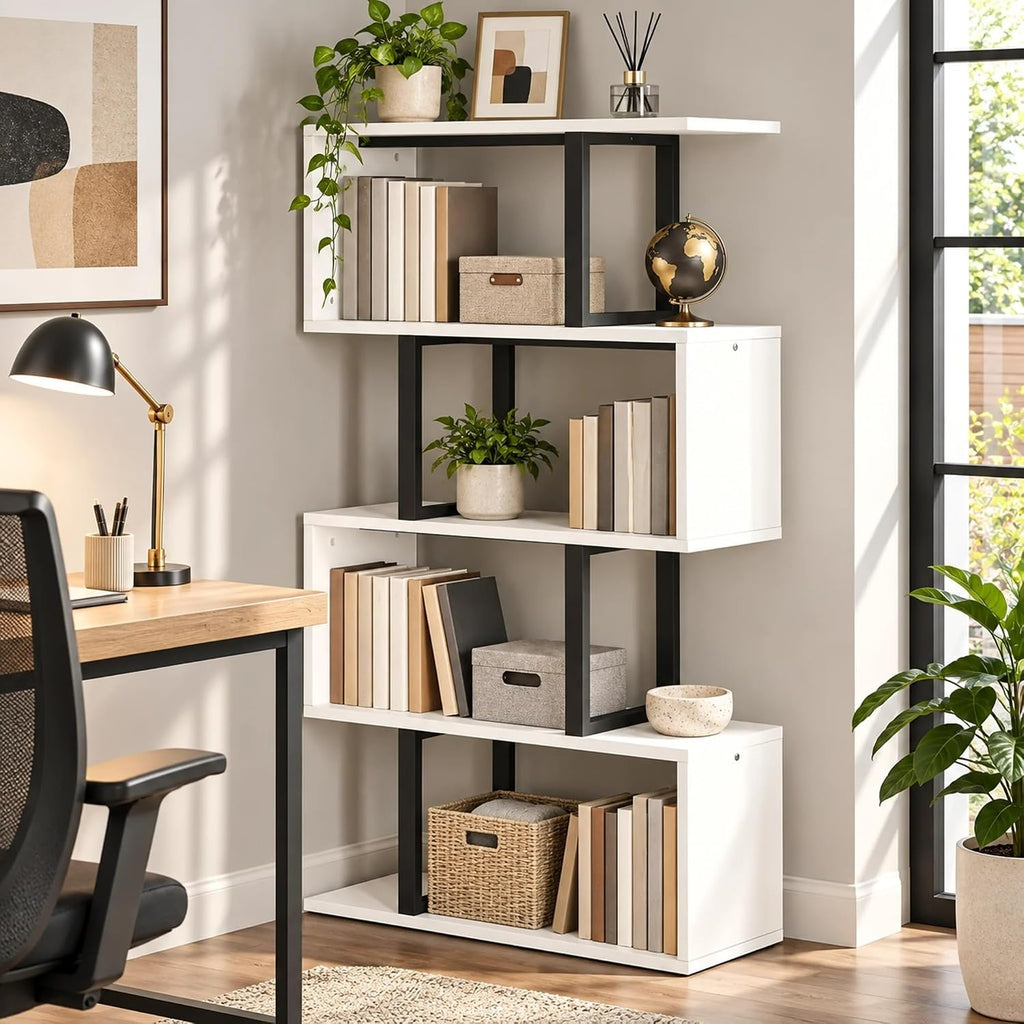 YITAHOME 5-Tier S-Shaped Bookcase, Modern Display Shelf, Cream White