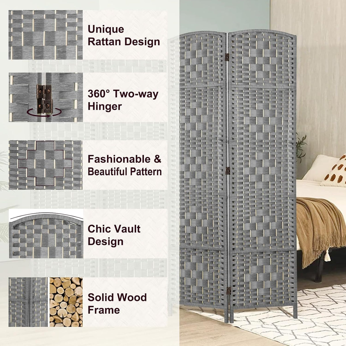 RHF Room Divider Panel,Partition Room Dividers,3 Panel Privacy Screen,Grey