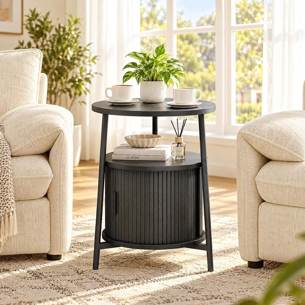 ONBRILL Round Fluted Side Table with Storage, Nightstand, 2 Sets Black
