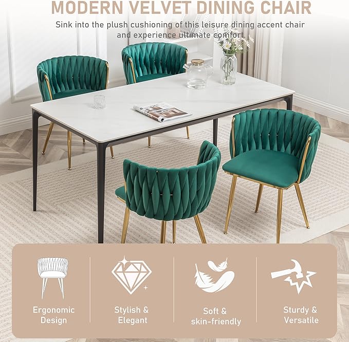 Kiztir Green Velvet Dining Chairs Set of 4 Upholstered Modern Dining Room Chairs with Woven Back and Gold Metal Legs for Living Room, Bedroom, Kitchen