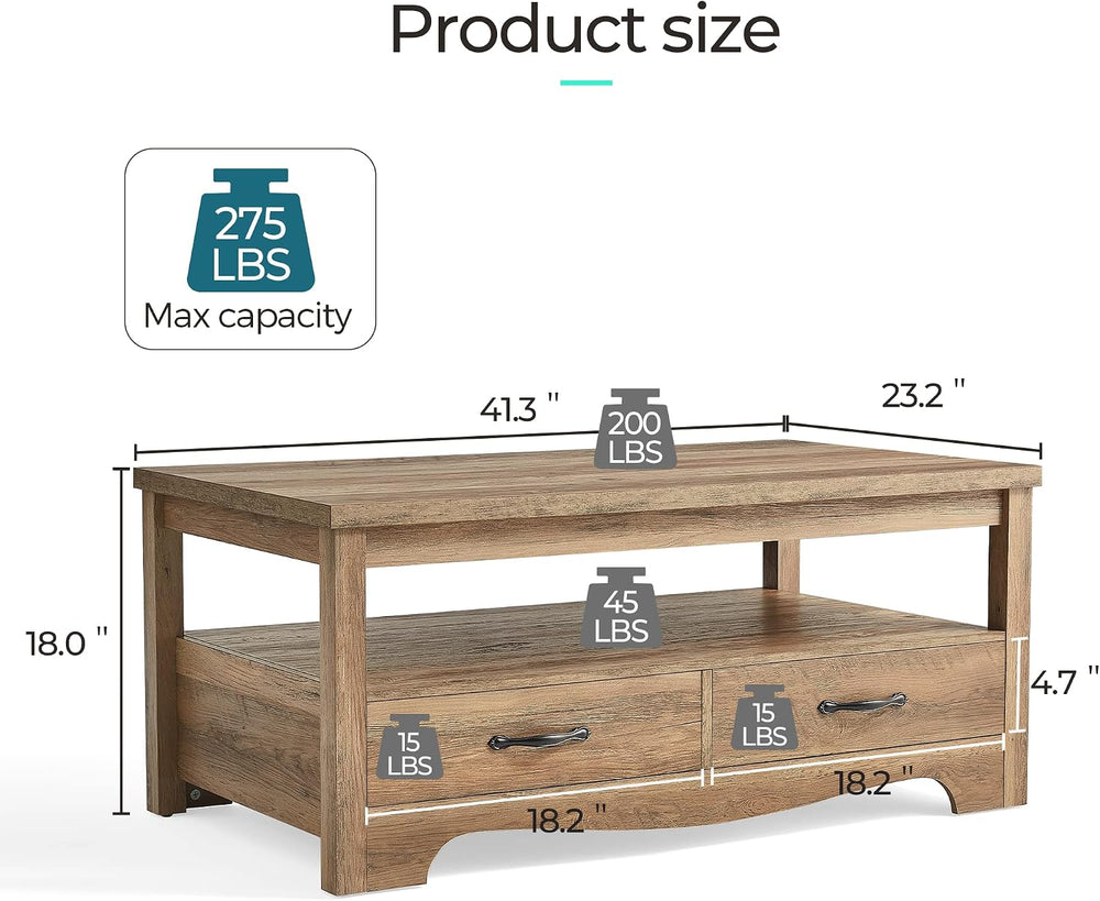LINSY Farmhouse Coffee Table, Rectangle Coffee Table with Drawers, Rustic Woo...