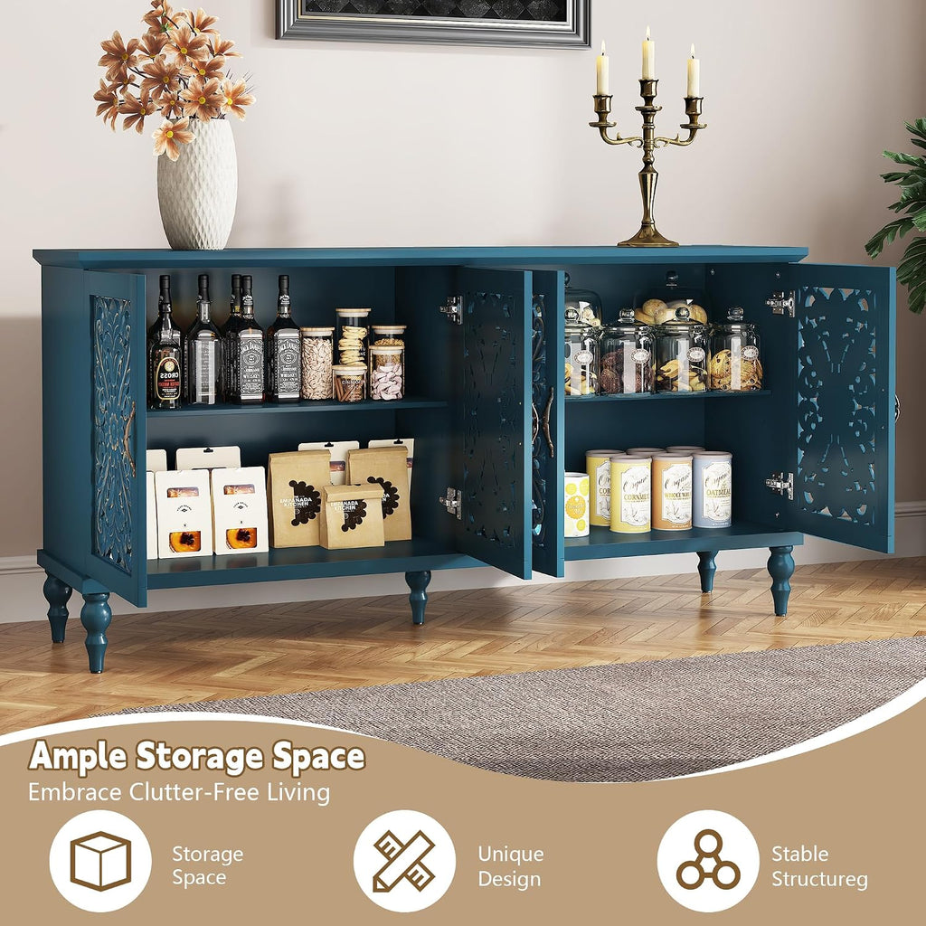 ARTPOWER 61.8" Hollow Carved Accent Cabinet with 4 Doors for Living Room