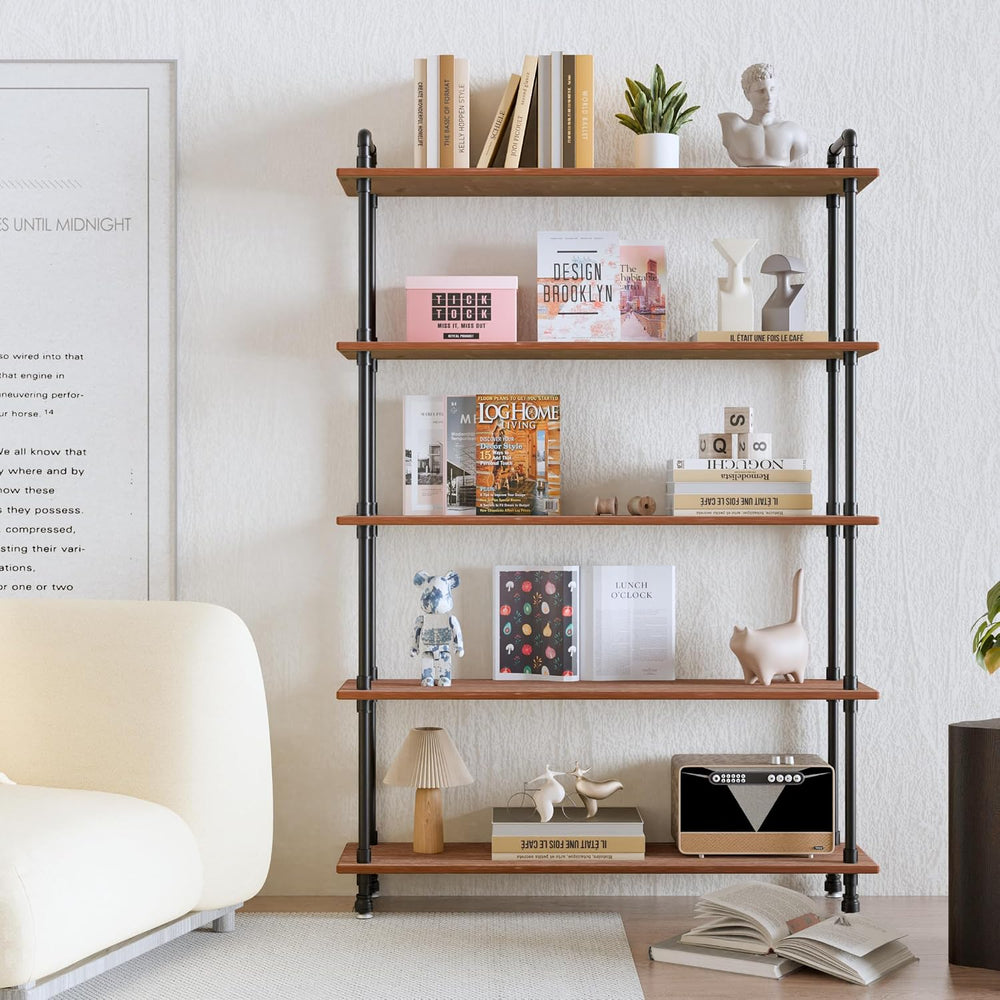 Industrial Bookshelf, Pipe Shelf Bookcase, 5 Tier, 48" Weathered Brown