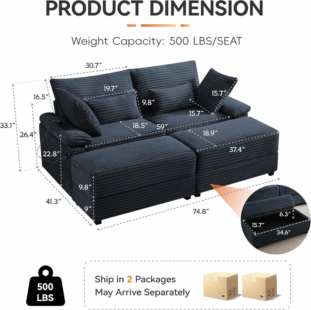75" Corduroy Loveseat with Storage Ottoman, Cloud Deep Seat Couch with C...