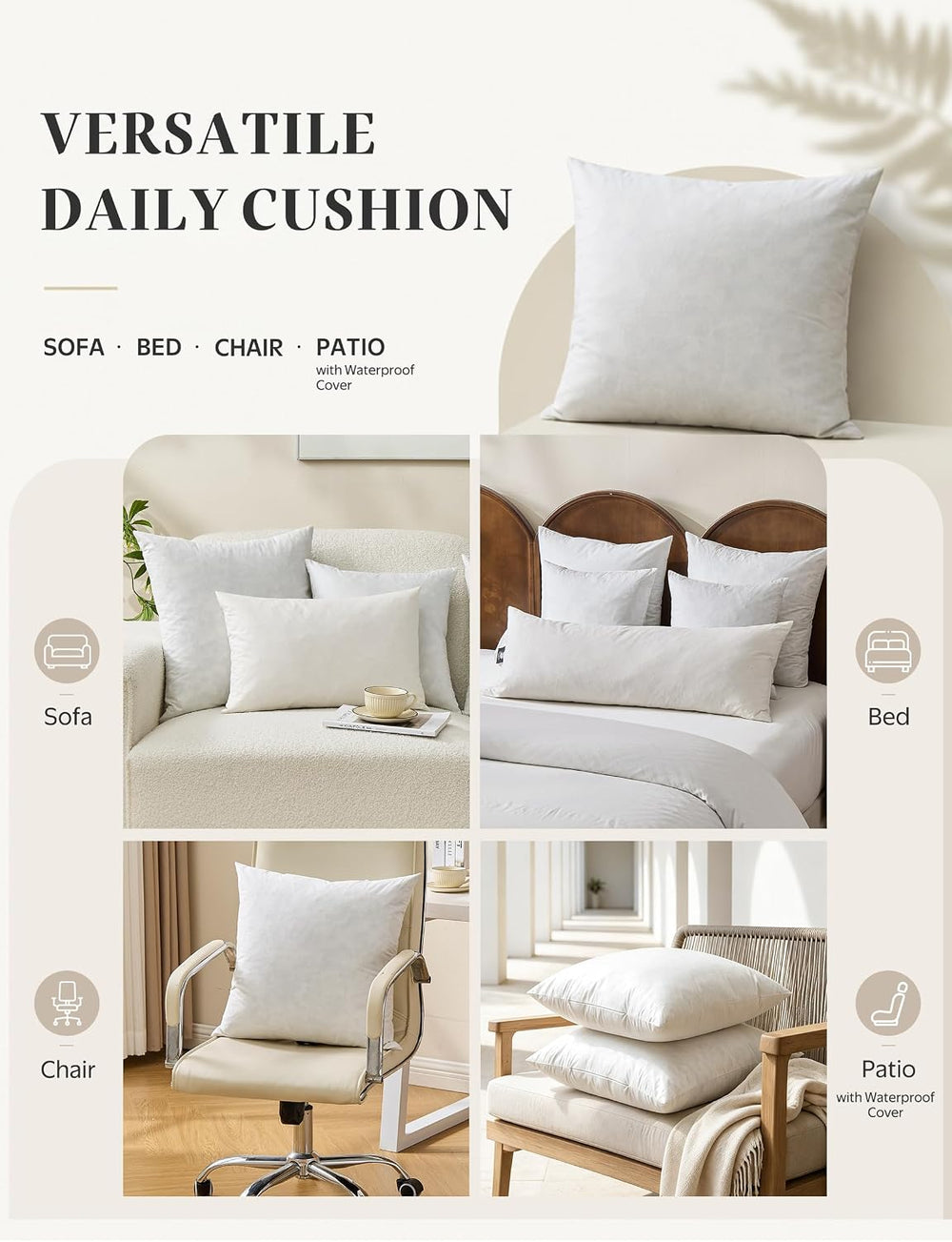 Organic Cotton Feather Down Throw Pillow Inserts 20x20 Set of 2