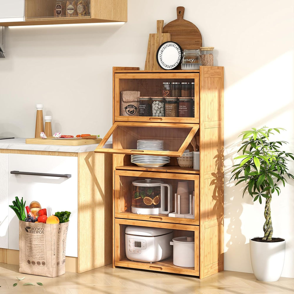 Giantex 4-Tier Bookcase with Clear Doors, 55" Bamboo Bookshelf with Flip...