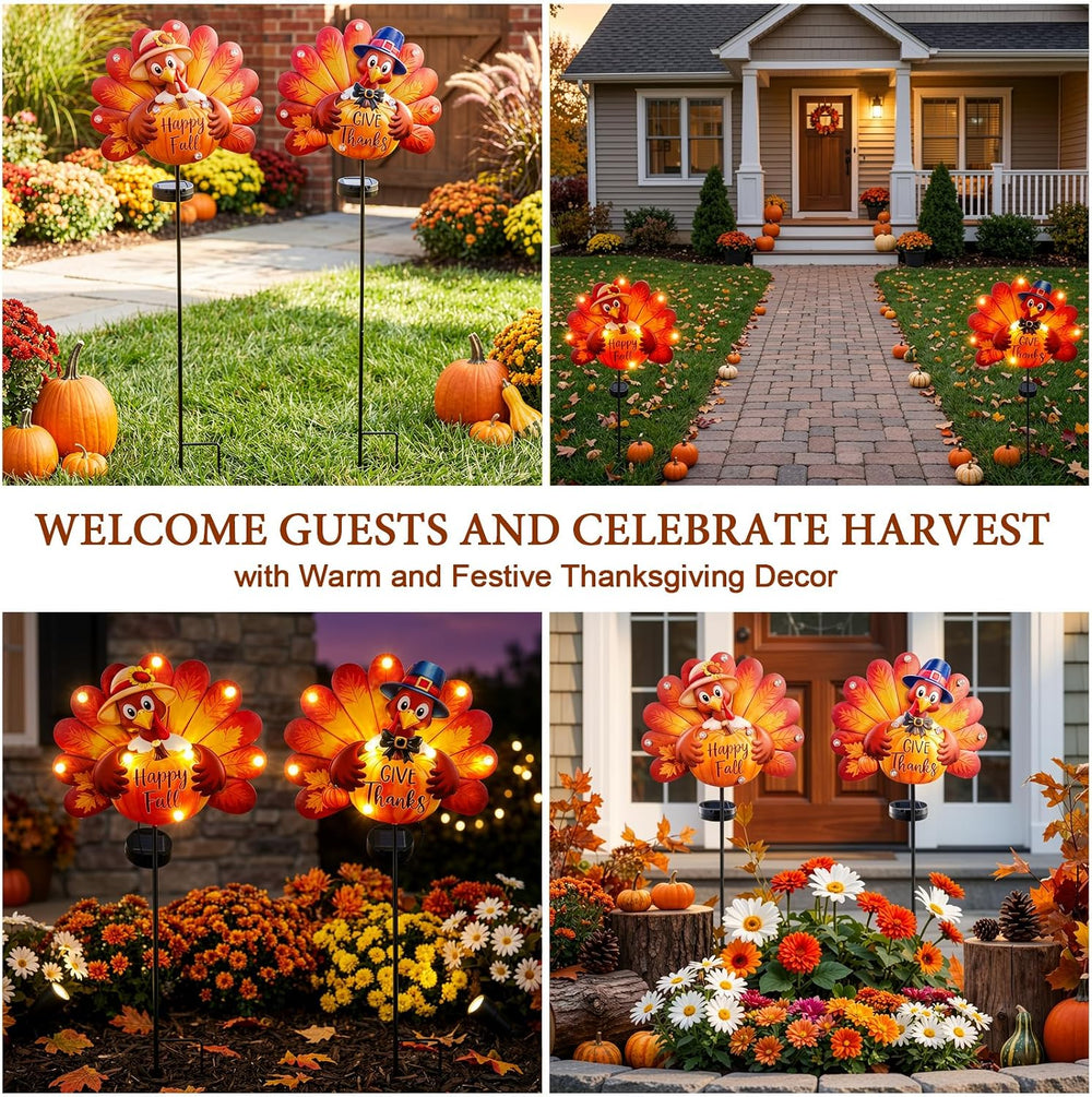 Lewondr 2PCS Thanksgiving Decorations Solar Fall Turkey Garden Stakes