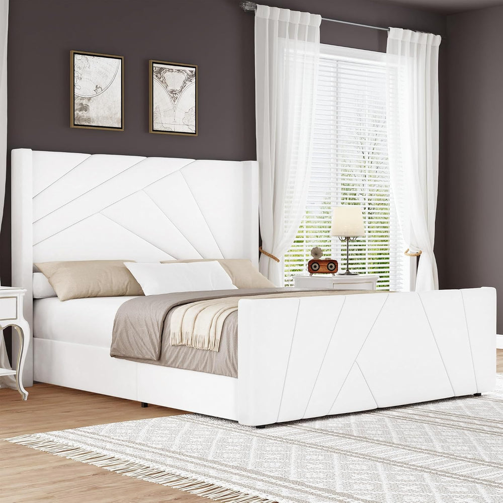 BarnFurin Full Size Bed Frame with Tall Geometric Wingback Headboard, Cream W...
