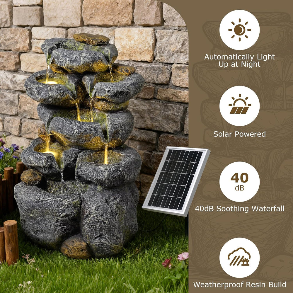 24" Tall Solar Powered Water Fountain Cascading Rock Waterfall