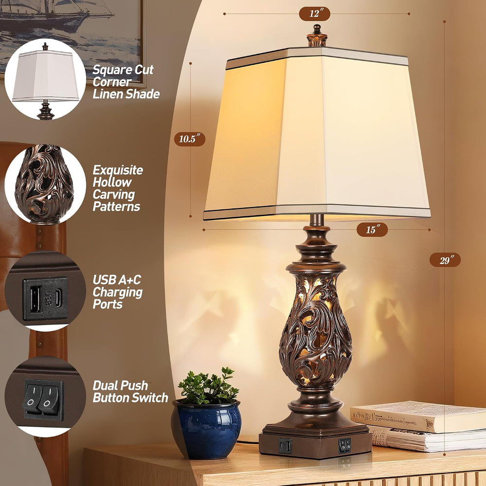 PARTPHONER 29" Table Lamps Set of 2, Bedside Lamps with USB A+C Ports &a...
