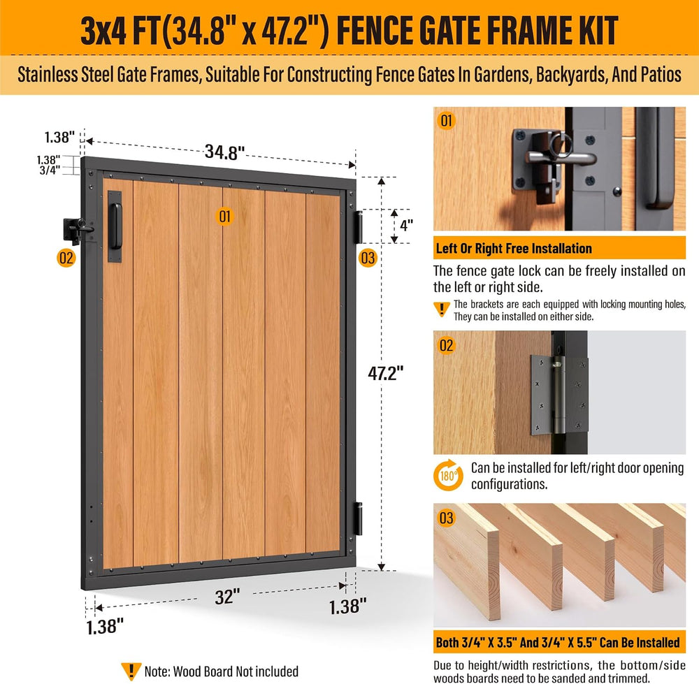 3x4FT Fence Gate Frame Kit 201 Stainless Steel Anti-Sag Heavy Duty Garden Gat...