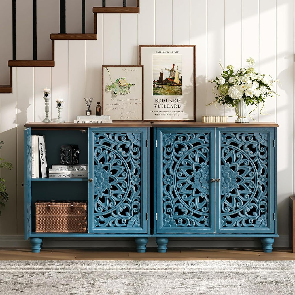 JOINICE 31" Accent Storage Cabinet with Doors for Living Room,Blue & Walnut