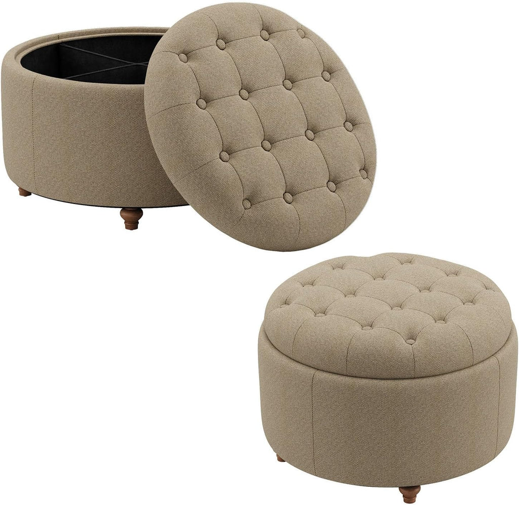 25" Round Ottoman with Storage, Small Coffee Table with Reversible Tray Lid