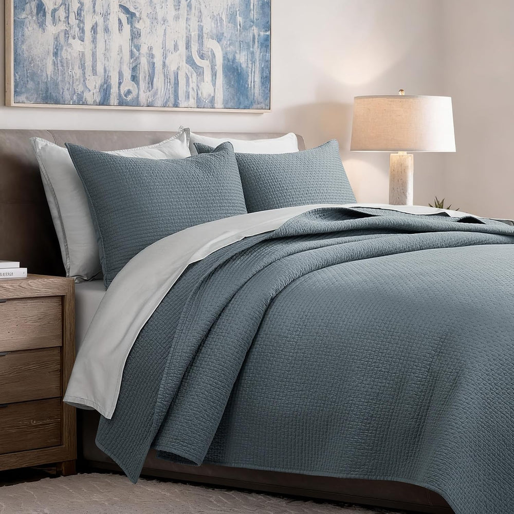 EverGrace Cotton Sateen Pick-Stitch Quilt Set, King Size, Dusk Blue