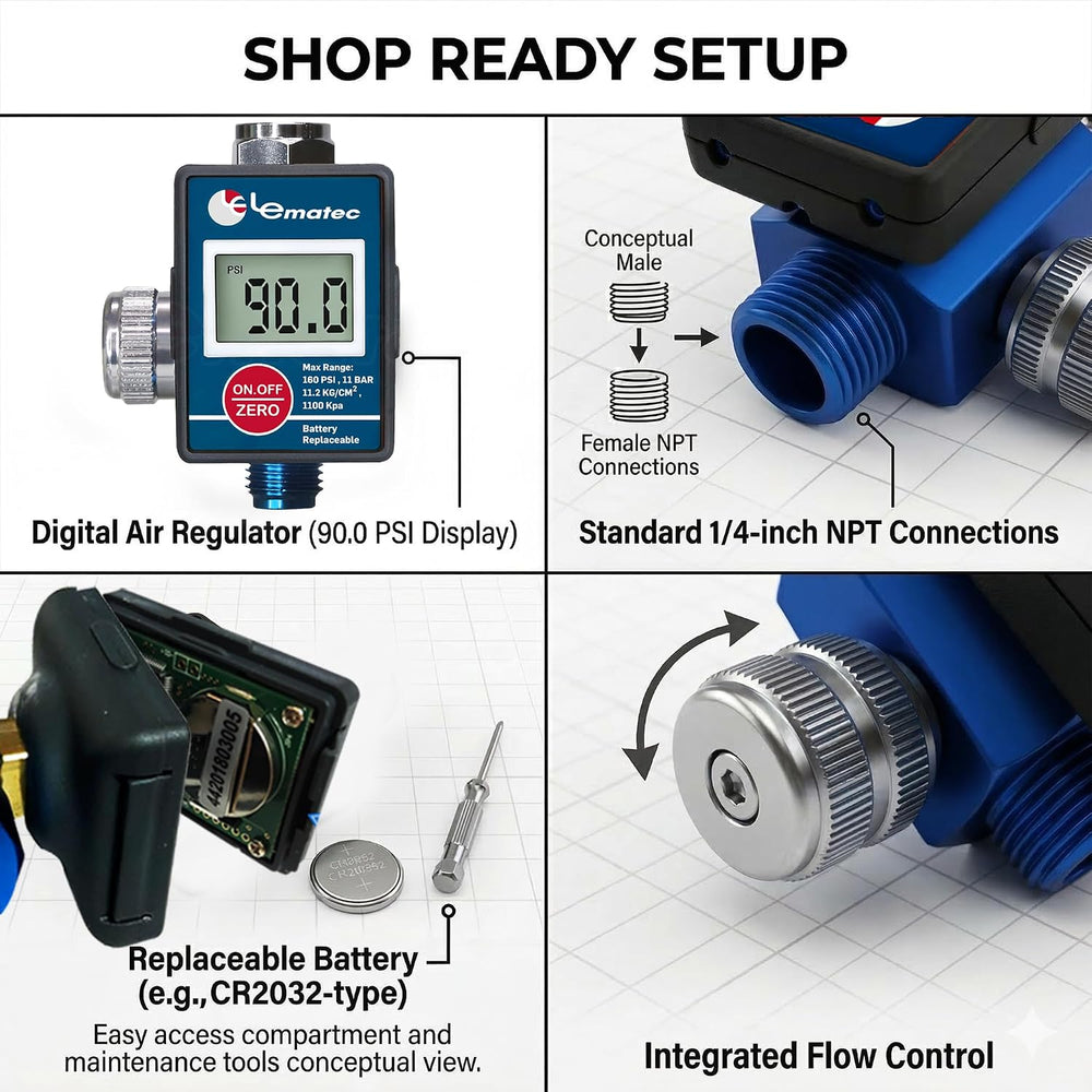 LE LEMATEC Digital Paint Gun Air Regulator with LED Gauge, 1/4 NPT