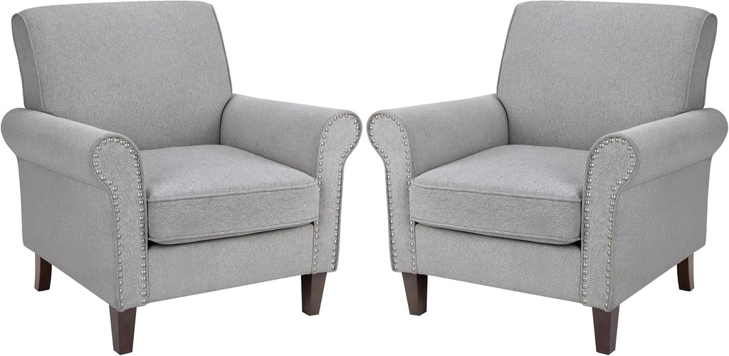PrimeZone Comfy Accent Chairs Set of 2, Mid-Century Modern Arm Chair, Grey