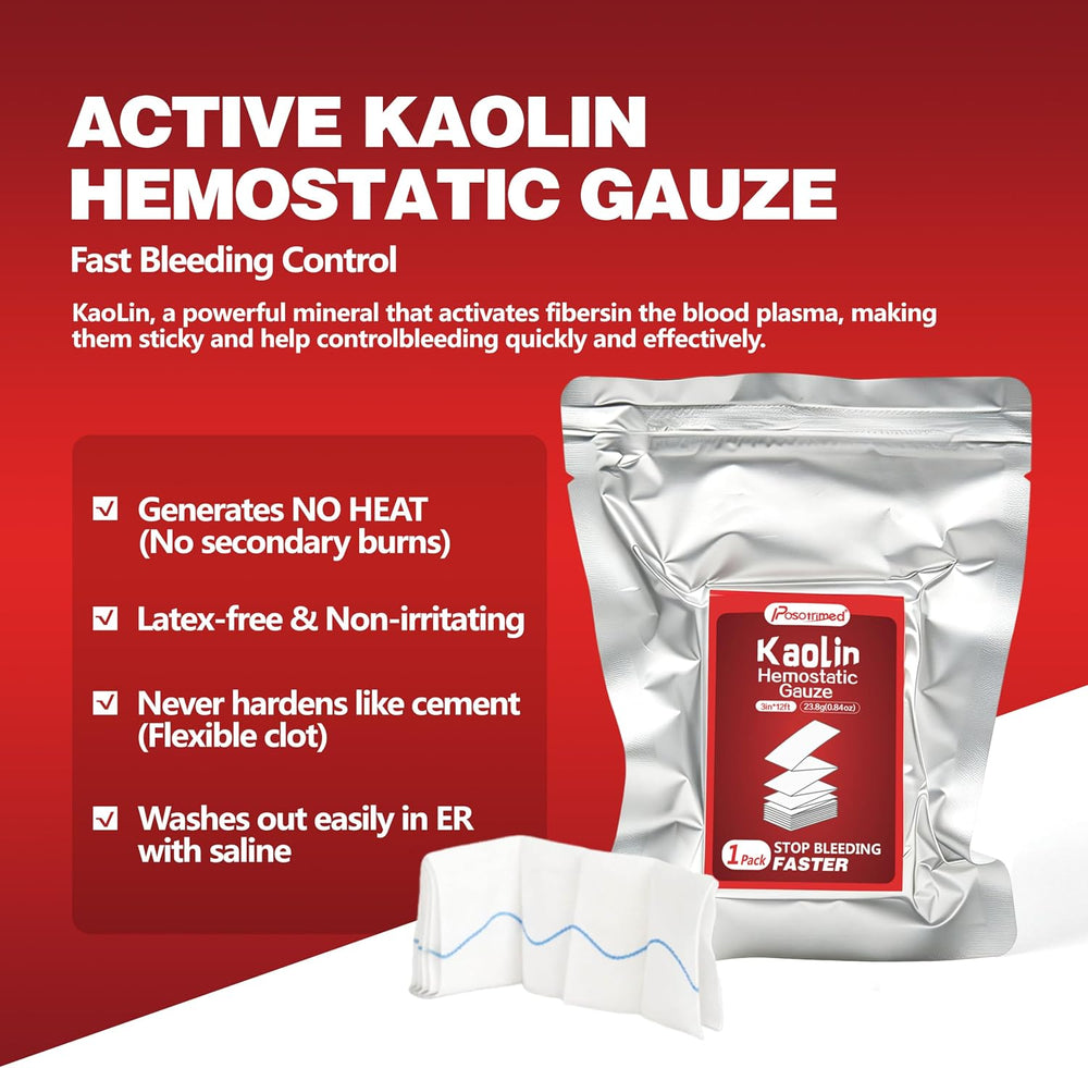 Kaolin Hemostatic Gauze for Emergency First Aid, 3 Pack