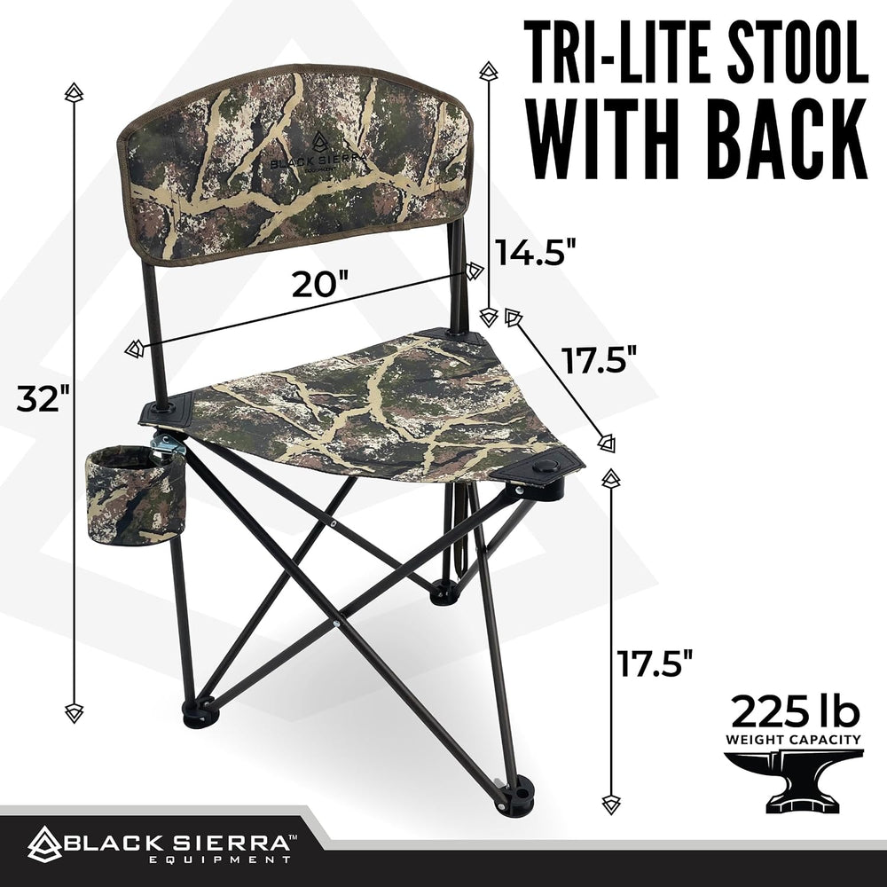 Black Sierra Folding Hunting Stool w Backrest & Cup Holder, 225 lb Capacity