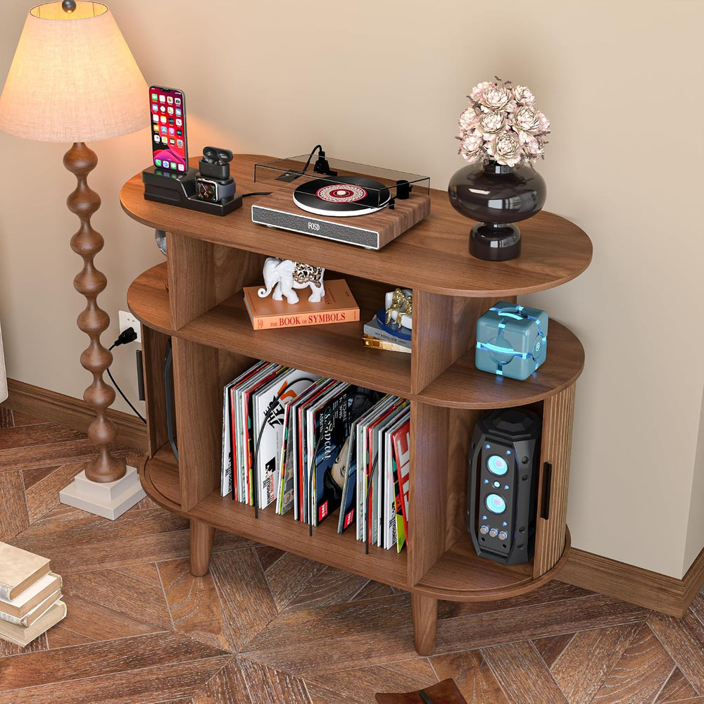 LUVIOHOME Large Round Record Player Stand with Charging Station & USB Ports