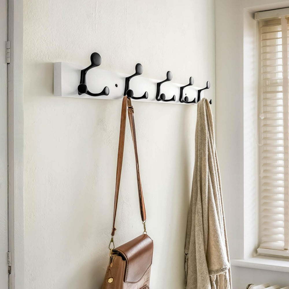 SKOLOO 30-Inch White Wood Coat Rack Wall Mount with 5 Triple Hooks - Ideal fo...