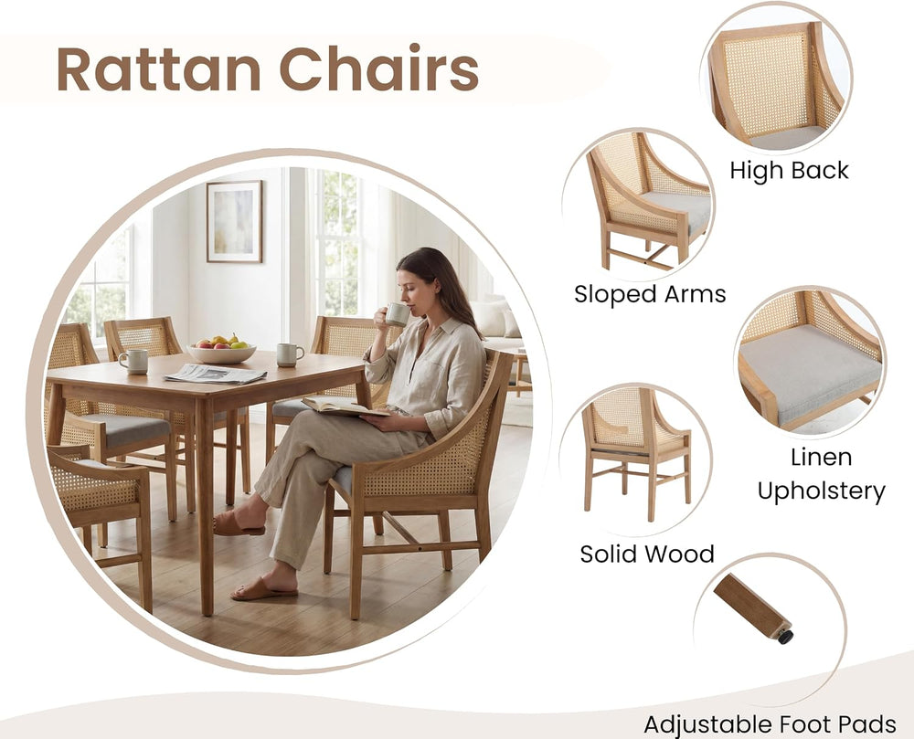 CIMOTA Rattan Mid Century Farmhouse Dining Chairs Set of 4 Fabric Linen Uphol...
