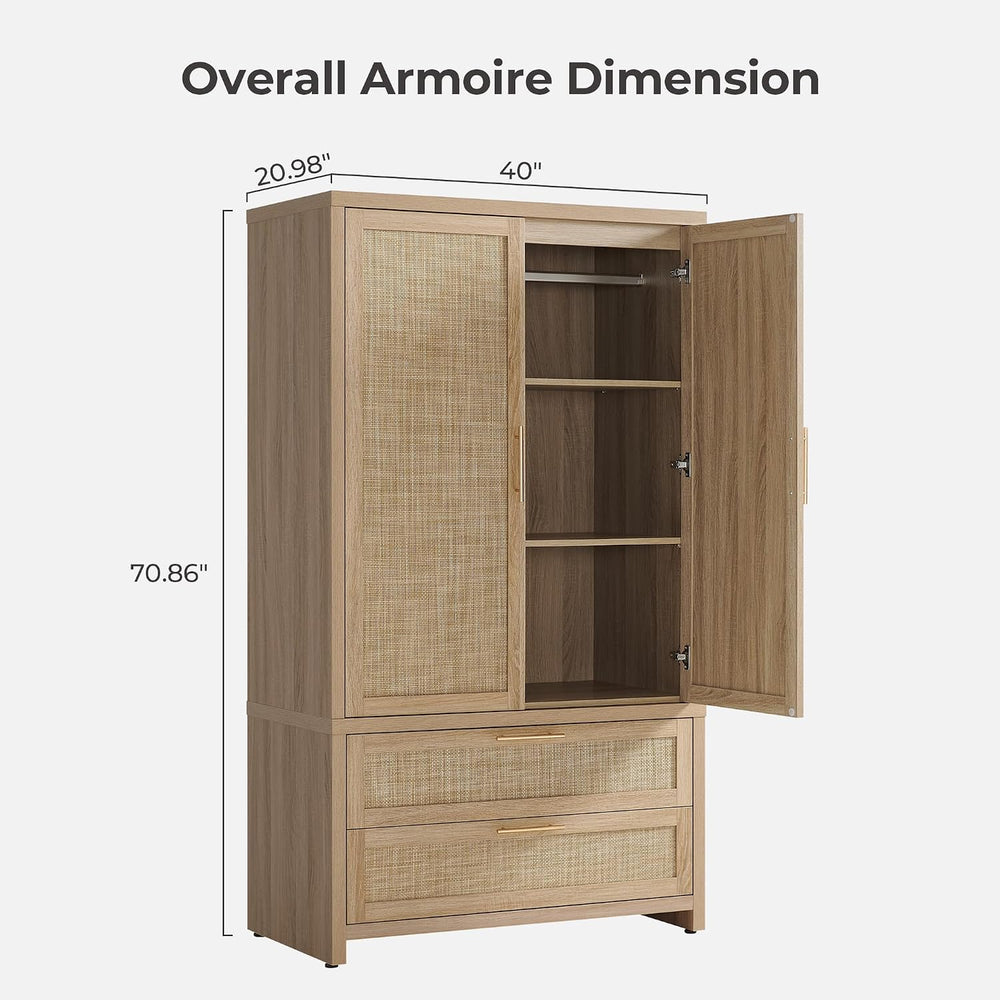 SICOTAS 71 inch Wardrobe Closet, Boho Rattan Armoire Wardrobe with Drawers