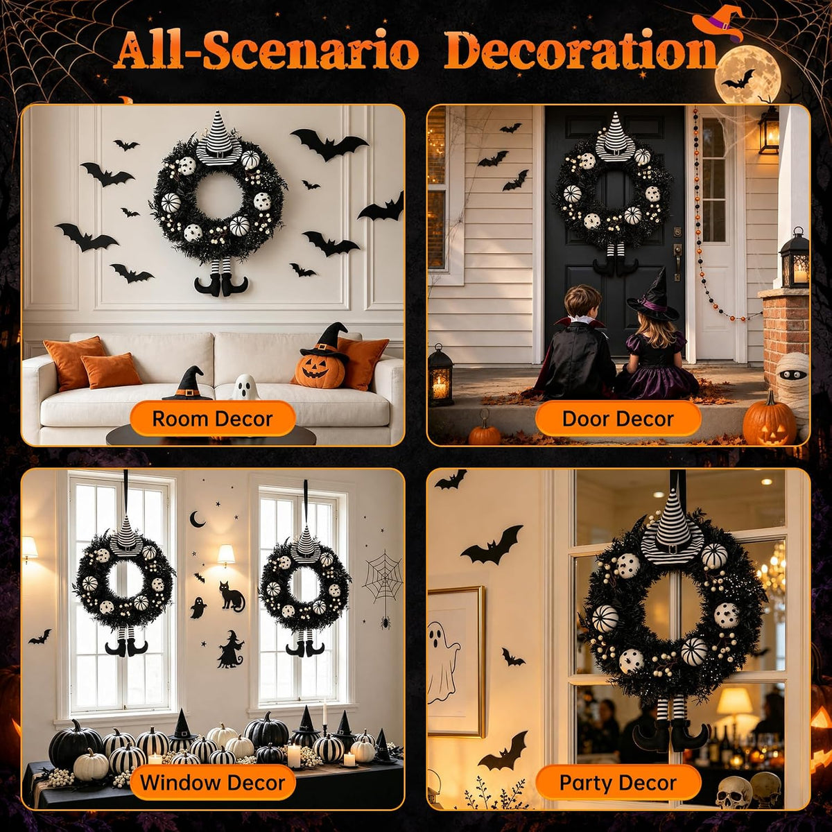 Yangrass 24" Spooky Halloween Wreath for Front Door with Witch Hat & Legs